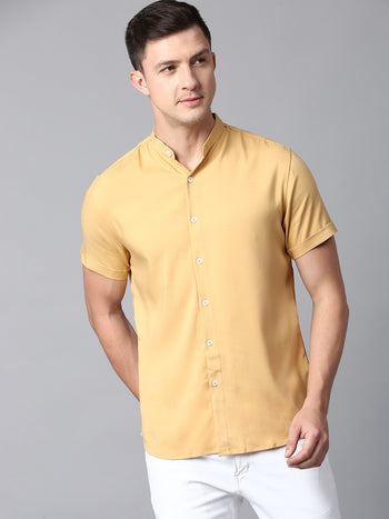 Men's Solid Mustard Slim Fit Casual Shirt With Mandarin Collar