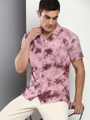 Men's Tie & Dye Slim Fit Rayon Casual Shirt With Cuban Collar & Half Sleeves