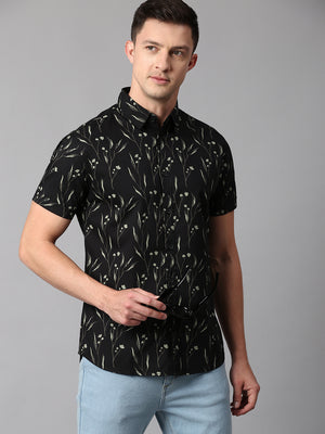 Dennis Lingo Men's Floral Black Slim Fit Casual Shirt With Spread Collar