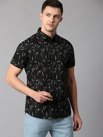 Men's Floral Black Slim Fit Casual Shirt With Spread Collar