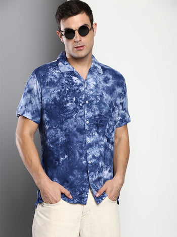 Men's Tie & Dye Slim Fit Rayon Casual Shirt With Cuban Collar & Half Sleeves