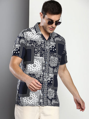 Men's Printed Navy Slim Fit Rayon Casual Shirt With Cuban Collar & Half Sleeves