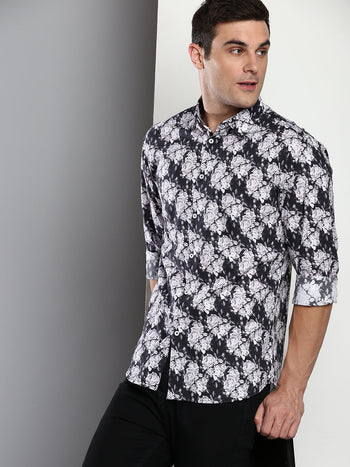 Men's Printed Black Slim Fit Satin Casual Shirt With Spread Collar & Full Sleeves (C9049_Black_S)