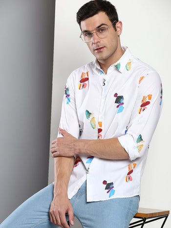 Men's Printed White Slim Fit Satin Casual Shirt With Spread Collar & Full Sleeves (C9082_White_S)