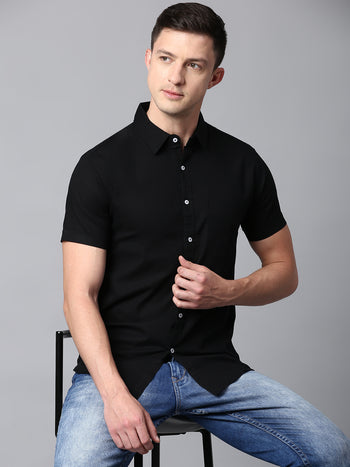 Men's Solid Black Slim Fit Casual Shirt With Mandarin Collar