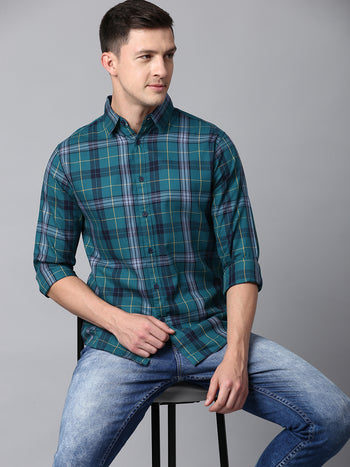 Men's Checkered Teal Slim Fit Casual Shirt With Spread Collar