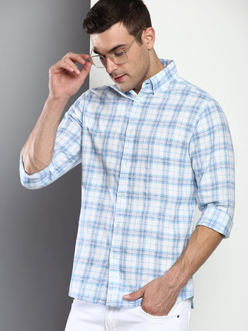 Men's Checkered Slim Fit Cotton Linen Casual Shirt With Button-Down Collar & Full Sleeves