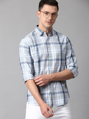 Men's Checkered Turquoise Slim Fit Casual Shirt With Spread Collar