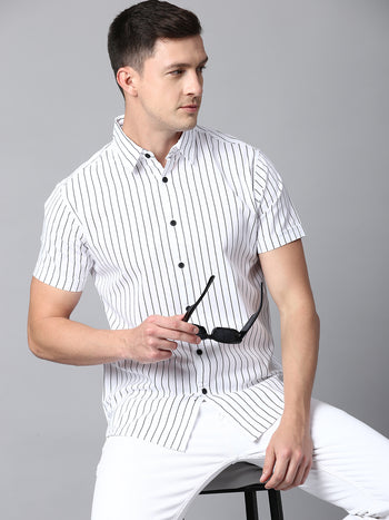 Men's Striped White Slim Fit Casual Shirt With Spread Collar