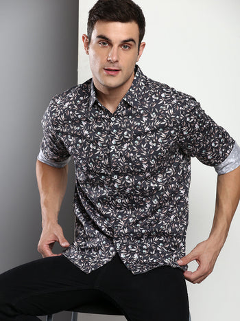 Men's Printed Grey Slim Fit Satin Casual Shirt With Spread Collar & Full Sleeves (C9070_Grey_S)