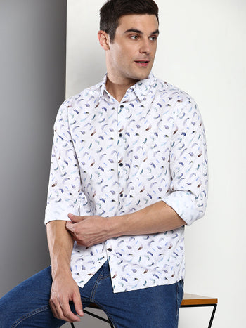 Men's Printed White Slim Fit Satin Casual Shirt With Spread Collar & Full Sleeves (C9058_White_S)