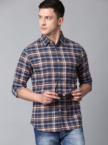 Men's Checkered Blue Slim Fit Casual Shirt With Spread Collar