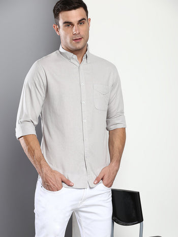 Men's Solid Slim Fit Cotton Linen Casual Shirt With Button-Down Collar & Full Sleeves