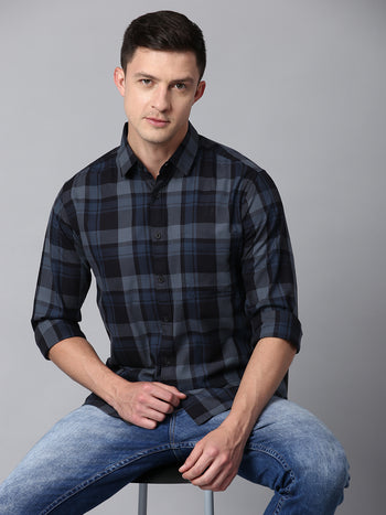 Men's Checkered Grey Slim Fit Casual Shirt With Spread Collar