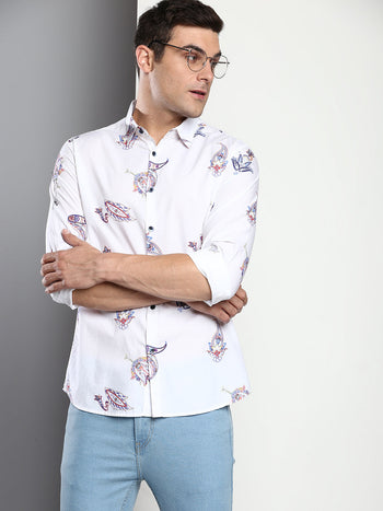 Men's Printed White Slim Fit Satin Casual Shirt With Spread Collar & Full Sleeves (C9084_White_S)