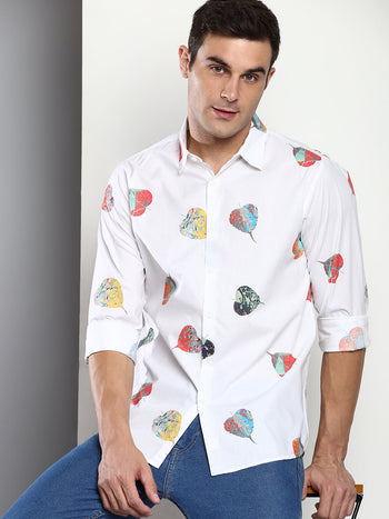 Men's Printed White Slim Fit Satin Casual Shirt With Spread Collar & Full Sleeves (C9083_White_S)