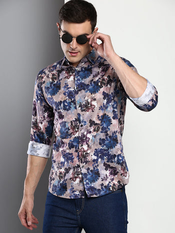 Men's Printed Mauve Slim Fit Satin Casual Shirt With Spread Collar & Full Sleeves (C9073_Mauve_S)