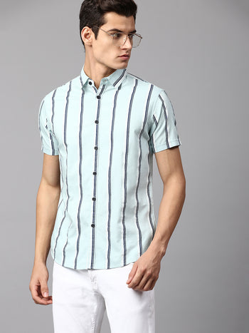 Men's Striped Dusty Teal Slim Fit Casual Shirt  Spread Collar