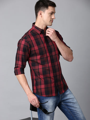 Men's Checkered Red Slim Fit Casual Shirt With Spread Collar