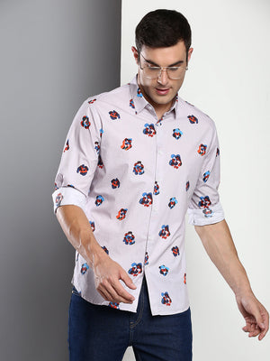 Dennis Lingo Men's Printed Grey Slim Fit Satin Casual Shirt With Spread Collar & Full Sleeves (C9066_Grey_S)