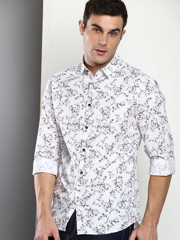 Men's Printed White Slim Fit Satin Casual Shirt With Spread Collar & Full Sleeves (C9057_White_S)