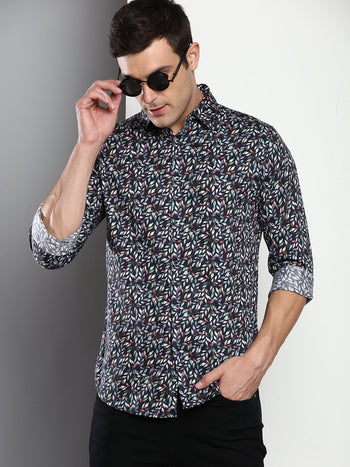 Men's Printed Navy Slim Fit Satin Casual Shirt With Spread Collar & Full Sleeves (C9069_Navy_S)