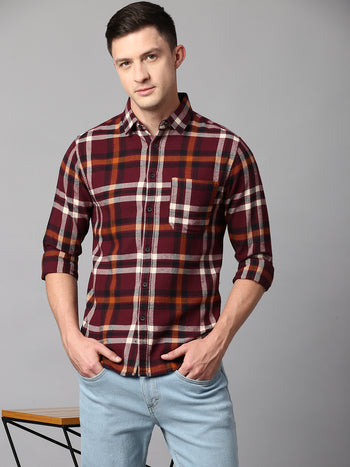 Men's Checkered Wine Slim Fit Casual Shirt With Spread Collar