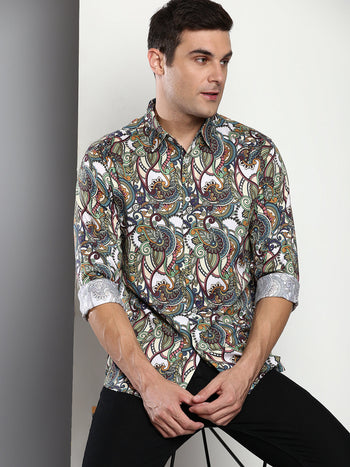 Men's Printed White Slim Fit Satin Casual Shirt With Spread Collar & Full Sleeves (C9074_White_S)