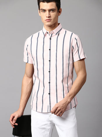 Men's Striped Pink Slim Fit Casual Shirt  Spread Collar