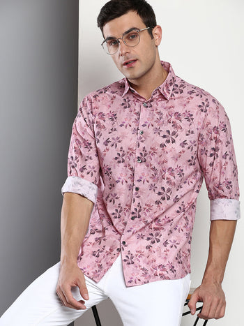 Men's Printed Pink Slim Fit Satin Casual Shirt With Spread Collar & Full Sleeves (C9077_Pink_S)