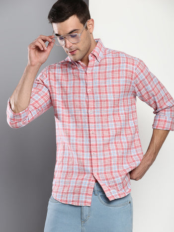 Men's Checkered Slim Fit Cotton Linen Casual Shirt With Button-Down Collar & Full Sleeves