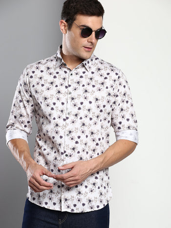 Men's Printed Cream  Slim Fit Satin Casual Shirt With Spread Collar & Full Sleeves (C9056_Cream_S)