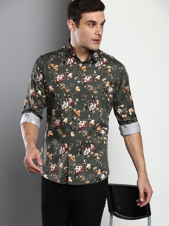 Men's Printed Green Slim Fit Satin Casual Shirt With Spread Collar & Full Sleeves (C9071_Green_S)