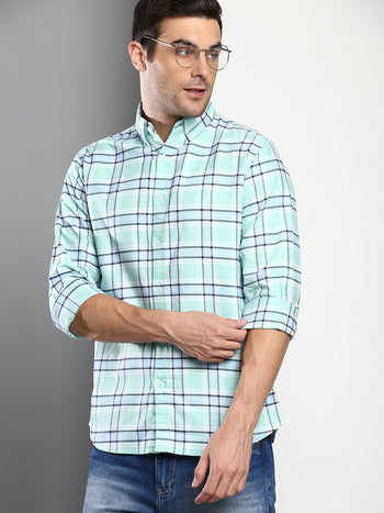 Men's Checkered Green Slim Fit Oxford Cotton Casual Shirt With Button Down Collar & Full Sleeves