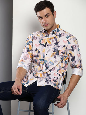 Men's Printed Peach Slim Fit Satin Casual Shirt With Spread Collar & Full Sleeves (C9065_Peach_S)