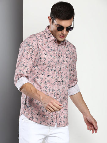 Men's Printed Pink Slim Fit Satin Casual Shirt With Spread Collar & Full Sleeves (C9080_Pink_S)