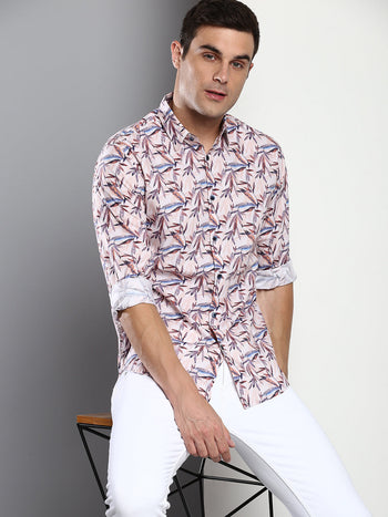 Men's Printed Peach Slim Fit Satin Casual Shirt With Spread Collar & Full Sleeves (C9045_Peach_S)