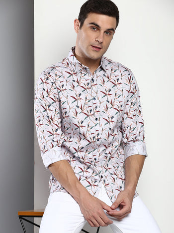 Men's Printed Grey Slim Fit Satin Casual Shirt With Spread Collar & Full Sleeves (C9063_Grey_S)