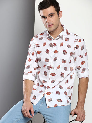 Men's Printed White Slim Fit Satin Casual Shirt With Spread Collar & Full Sleeves (C9075_White_S)