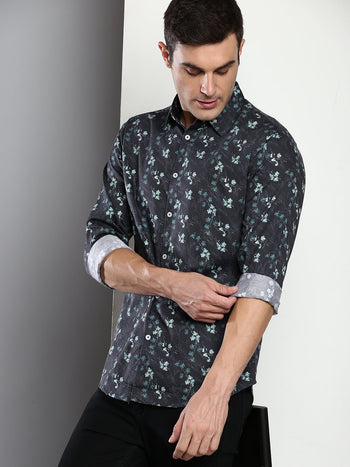 Men's Printed Black Slim Fit Satin Casual Shirt With Spread Collar & Full Sleeves (C9059_Black_S)