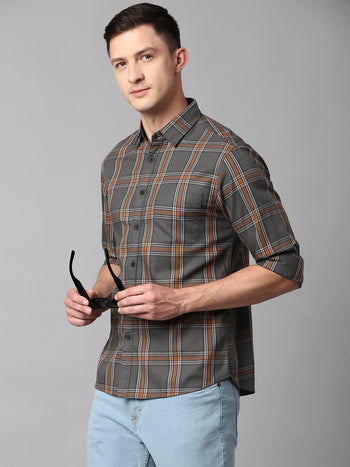 Men's Checkered Grey Slim Fit Casual Shirt With Spread Collar