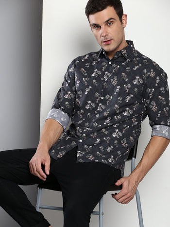 Men's Printed Green Slim Fit Satin Casual Shirt With Spread Collar & Full Sleeves (C9051_Green_S)