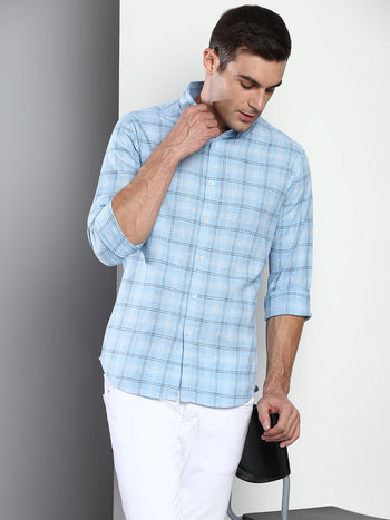 Men's Checkered Slim Fit Cotton Linen Casual Shirt With Button-Down Collar & Full Sleeves