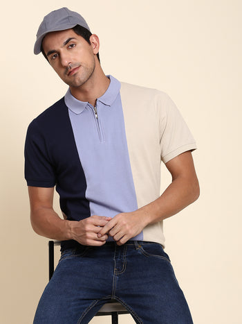 Men's Pure Cotton Color Block Half Sleeves Polo T-Shirt (Navy)