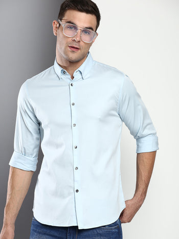 Men's Solid Slim Fit Satin Lycra Casual Shirt With Concealed Button Down & Full Sleeves