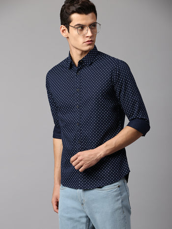 Men's Self-Design Navy Slim Fit Casual Shirt  Spread Collar