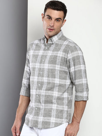 Men's Checkered Slim Fit Cotton Linen Casual Shirt With Button-Down Collar & Full Sleeves