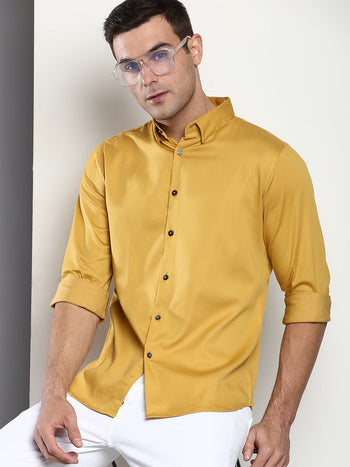 Men's Solid Slim Fit Satin Lycra Casual Shirt With Concealed Button Down & Full Sleeves