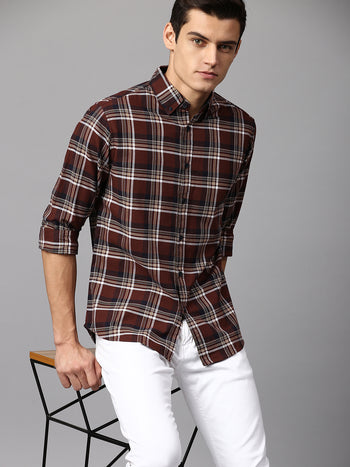 Men's Checkered Brown Slim Fit Casual Shirt  Spread Collar