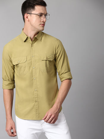 Men's Solid Khaki Slim Fit Casual Shirt With Spread Collar